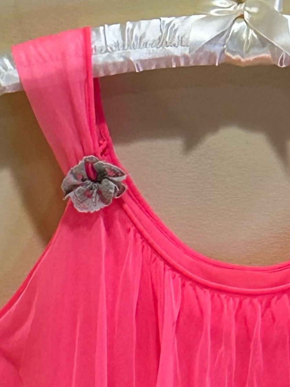 VTG 1960s Chic Lingerie Neon Pink Chiffon Lace Babydoll Lingerie Top Flower L - Picture 3 of 15